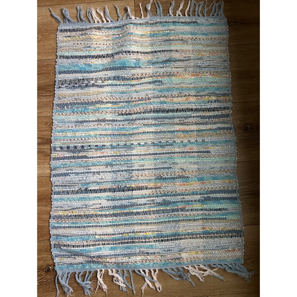 Cottagecore Rag Area Rug - 35 x 32 In - 100% Cotton - Hand Woven Rag Throw Rug